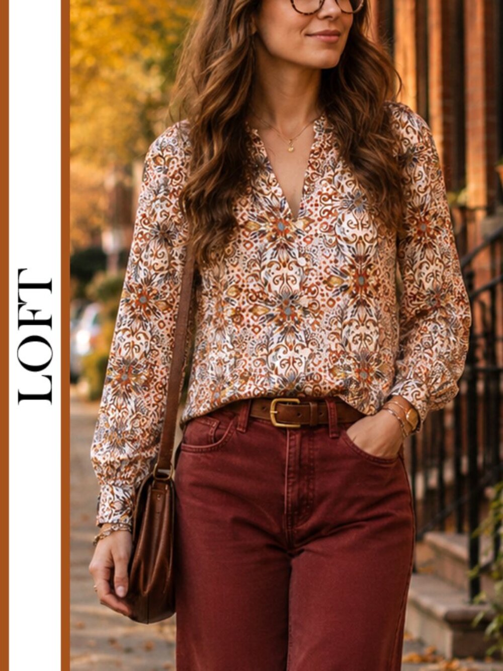LOFT | Fall Floral Mosaic Tile Print Blouse